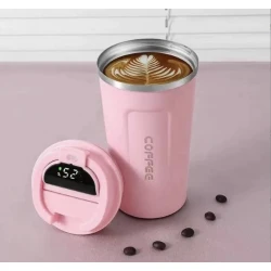 LCD ekranlı, paslanmayan poladdan termo fincan 510 ml, cəhrayı rəngdə, qəhvə üçün