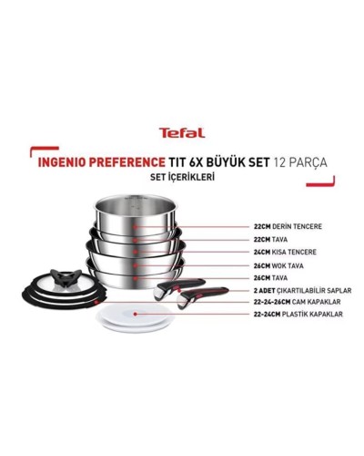 Yemək bişirmək üçün dəst Tefal Ingenio Preference Titanium 6X, titan, gümüşü, 12 parça