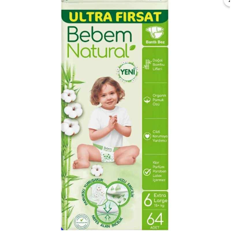 Детские подгузники Bebem Natural 6, 15+ кг, 64 шт