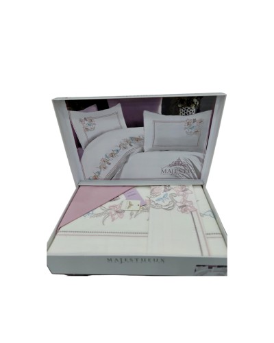 Yataq dəsti NV13 yorğan üzü 200x220 sm, mələfə 240x260 sm, 4 yastıq üzü 50x70 sm, pambıq, ağ/çəhrayı