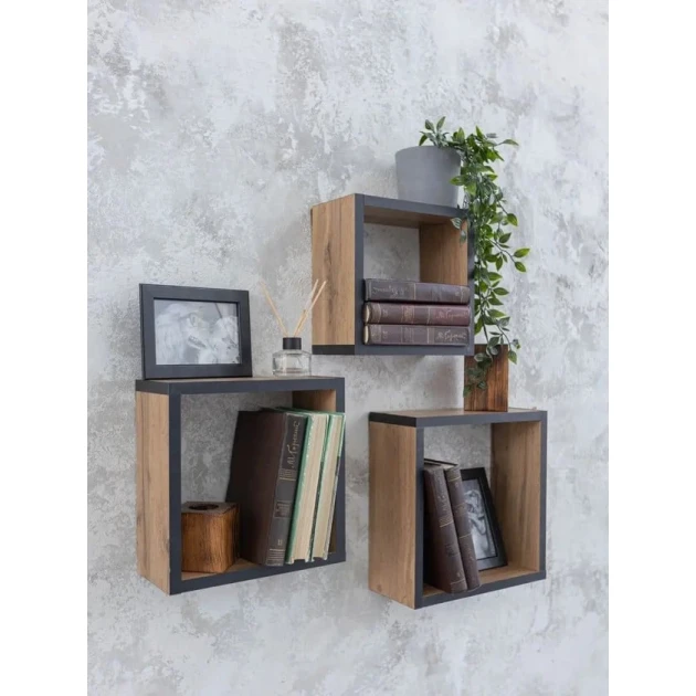 Divar rəfi dəsti Art Mebel 128, laminat, 3 əd, 30х30x9/27x27x9/24x24x9 sm, bej/qara