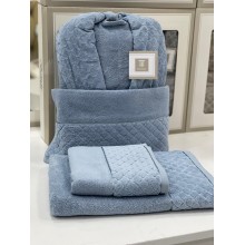 Hamam dəsti MiraNova SF-797, pambıq, mavi, ölçü L/XL (hamam dəsmalı + üz dəsmalı + xələt)