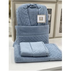 Hamam dəsti MiraNova SF-797, pambıq, mavi, ölçü L/XL (hamam dəsmalı + üz dəsmalı + xələt)