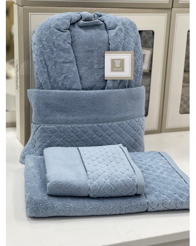 Hamam dəsti MiraNova SF-797, pambıq, mavi, ölçü L/XL (hamam dəsmalı + üz dəsmalı + xələt)