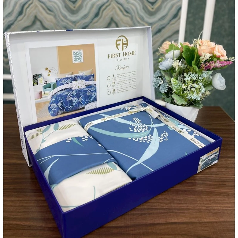 Комплект постельного белья First Home SHA-0000577, листья/цветочный, 2 пододеяльника 160x220 см, простыня 250x240 см, наволочки 50x70 см 2 шт, семейный, хлопок, разноцветный