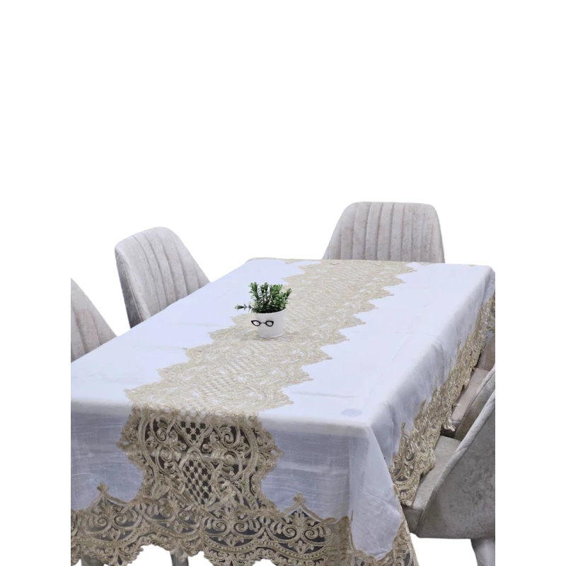 Скатерть SHA-2964, 160x220 см, лен, белая/бежевая