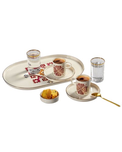 Qəhvə dəsti Porland Arabesque 04ALM006577, 8 parça, 2 nəfərlik, farfor, ağ/qırmızı, 85 ml