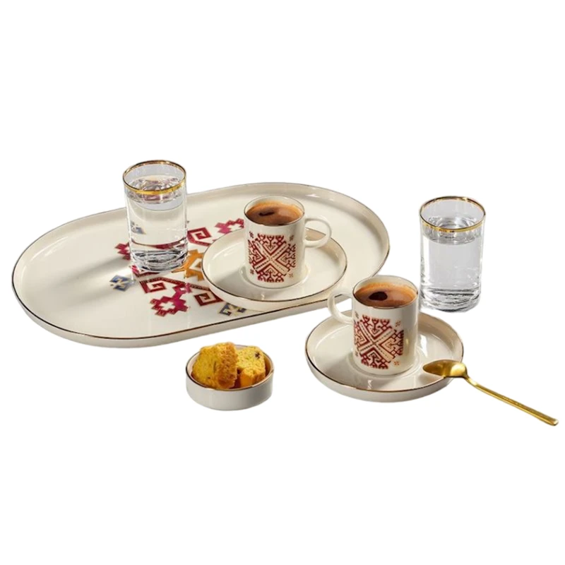 Qəhvə dəsti Porland Arabesque 04ALM006577, 8 parça, 2 nəfərlik, farfor, ağ/qırmızı, 85 ml