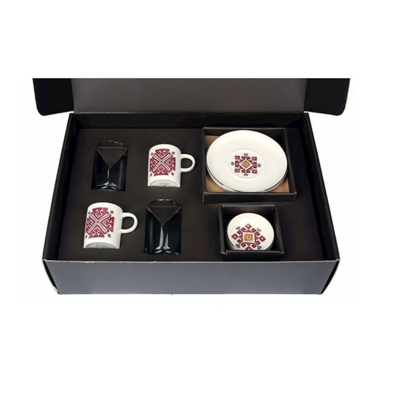 Qəhvə dəsti Porland Arabesque 04ALM006577, 8 parça, 2 nəfərlik, farfor, ağ/qırmızı, 85 ml