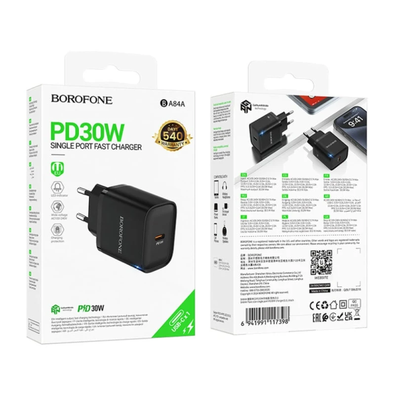 Adapter başlığı tək USB-C portlu PD 30 W Borofone BA84A, qara