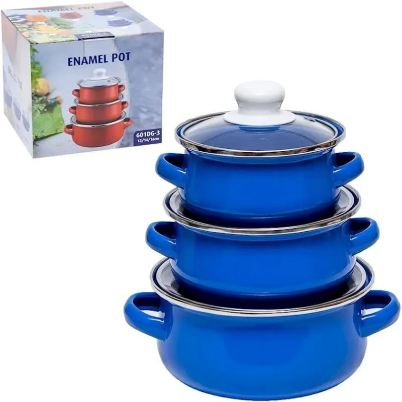 Qazan dəsti NH-13MDRN07, minalanmış polad, göy, 12/14/16 sm