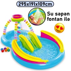 Şişmə hovuz Intex, su təpəciyi və su səpən ilə, rəngarəng, həcm 374 l, 295x191x109 sm - 374TX56137