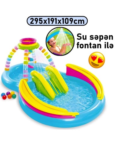 Şişmə hovuz Intex, su təpəciyi və su səpən ilə, rəngarəng, həcm 374 l, 295x191x109 sm - 374TX56137