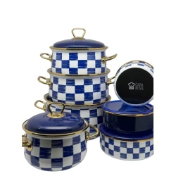 Qazan dəsti Gasanova SF-528, 14 əşya, mina, ağ/göy