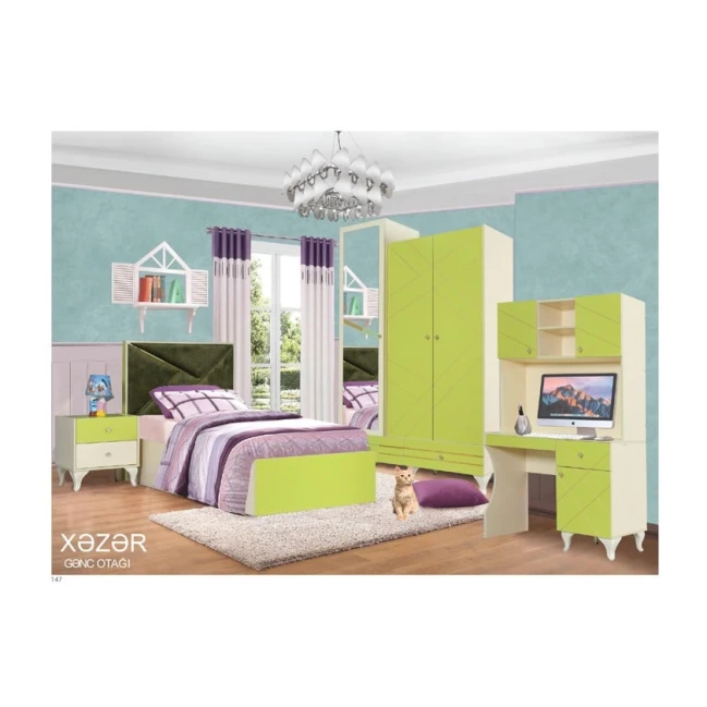Набор детской мебели Xəzər, кровать/шкаф/стол/тумба, зеленый Набор детской мебели Xəzər, кровать/шкаф/стол/тумба, зеленый