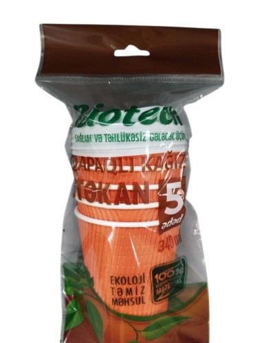Birdəfəlik kağız stəkan dəsti Biotech, qapaq ilə, 340 ml, 5 əd