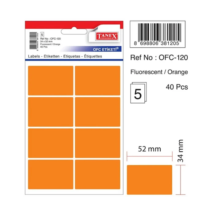 Набор наклеек Tanex OFC-120, 34x52 мм, оранжевый, 5 листов Набор наклеек Tanex OFC-120, 34x52 мм, оранжевый, 5 листов