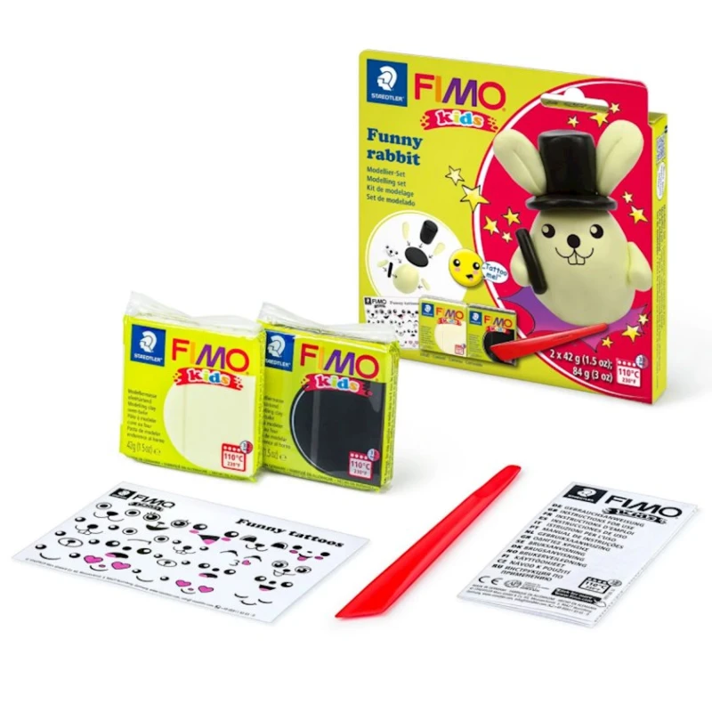 Набор полимерной глины Fimo Kids Funny Rabbit, 2х42 г, со стеком, Желтый, Черный Набор полимерной глины Fimo Kids Funny Rabbit, 2х42 г, со стеком, Желтый, Черный