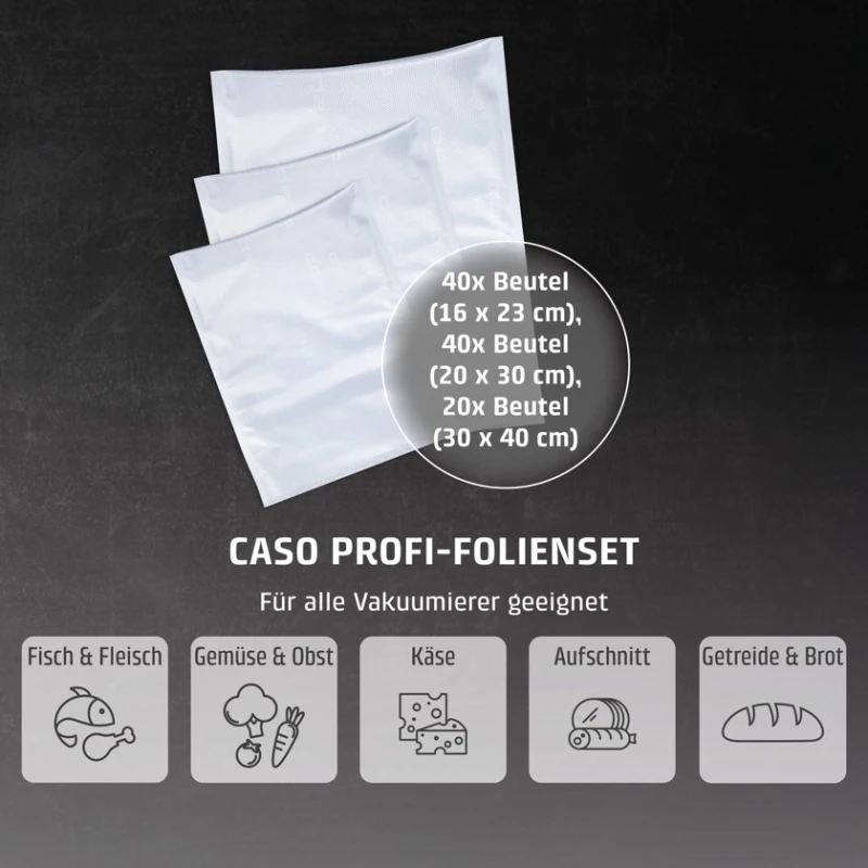 Набор вакуумных пакетов CASO Designe 1233, прозрачный, 40x16x23 см/40x20x30 см/20x30x40 см Набор вакуумных пакетов CASO Designe 1233, прозрачный, 40x16x23 см/40x20x30 см/20x30x40 см