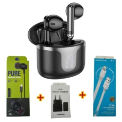 Беспроводные наушники Hoco EQ7 Black + Подарок Проводные наушники Strap Pure + Сетевое зарядное устройство Samsung 25W + Кабель USB Borofone BX89