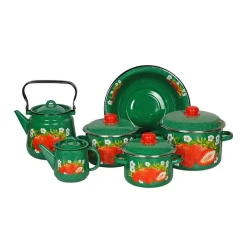 Набор посуды СтальЭмаль Клубника садовая N 29, 6 предметов, эмалированная сталь, с крышкой, зеленый