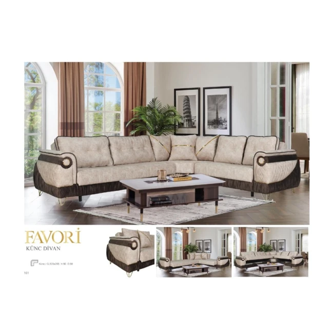 Divan Favori künc, 320/265x80x98 sm, qəhvəyi/krem