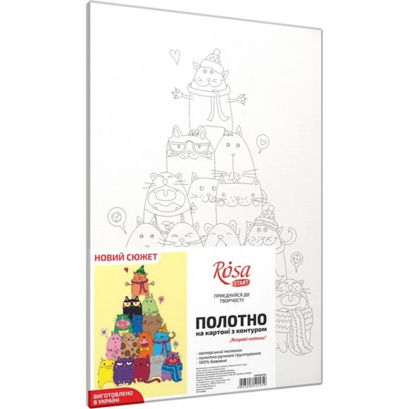 Холст на картоне с контуром Rosa Start Яркие котики, 20х30 см, хлопок, акрил Холст на картоне с контуром Rosa Start Яркие котики, 20х30 см, хлопок, акрил