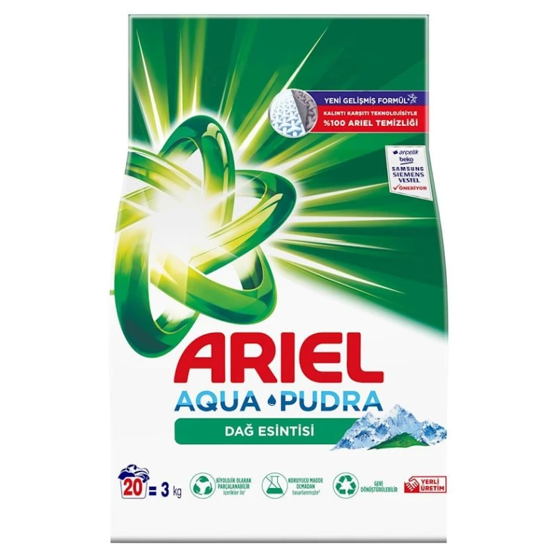 Yuyucu toz Ariel Aqua Pudra Dağ küləyi, ağ paltarlar üçün, avtomat, 3 kq, 20 yuma Yuyucu toz Ariel Aqua Pudra Dağ küləyi, ağ paltarlar üçün, avtomat, 3 kq, 20 yuma