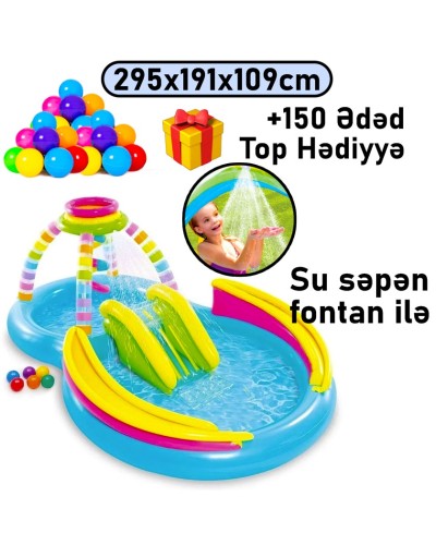 Şişmə hovuz Intex, su təpəciyi və su səpən ilə, rəngarəng, çoxgüşəli, 295x191x109 sm, həcm 374 l, 374TX56137T150 - 374TX56137T150