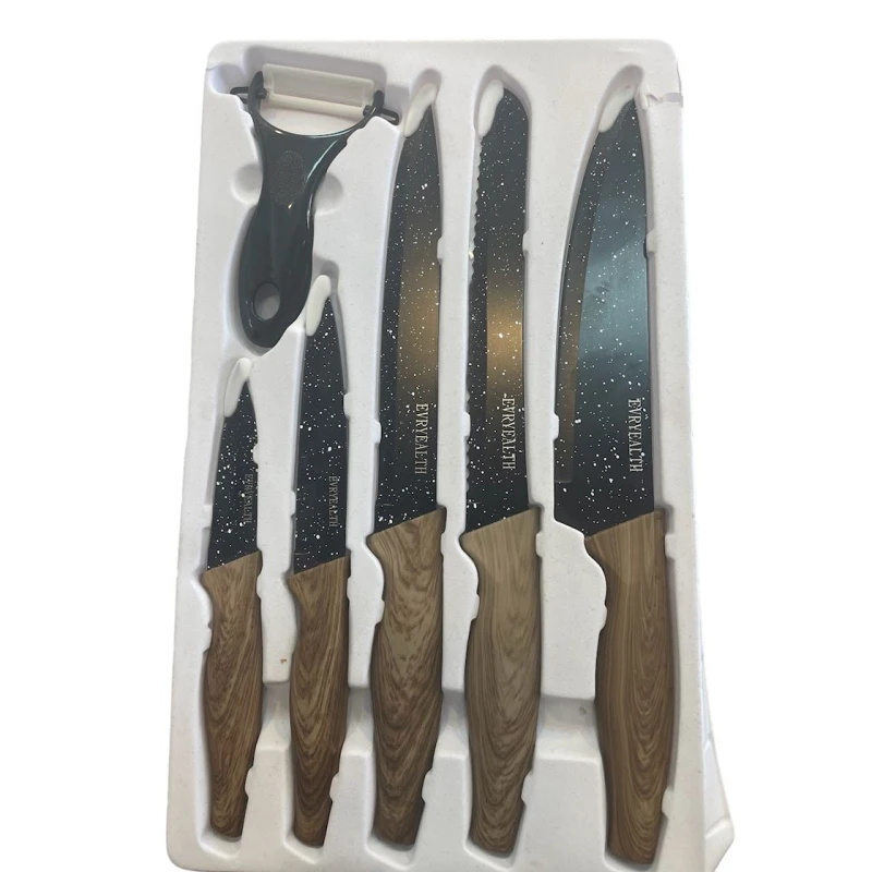 Bıçaq dəsti ZTW-5, 5 əd + tərəvəz bıçağı, keramika, qulp silikon, qara/qəhvəyi