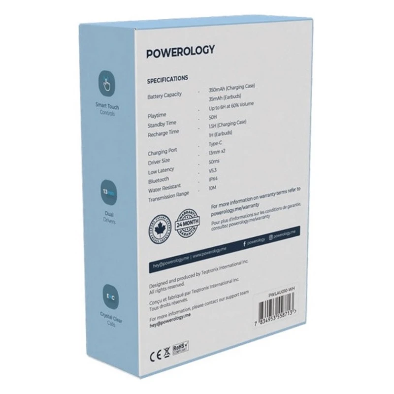 Беспроводные наушники Powerology 6 Mic Hybrid ANC + ENC True Wireless White Беспроводные наушники Powerology 6 Mic Hybrid ANC + ENC True Wireless White