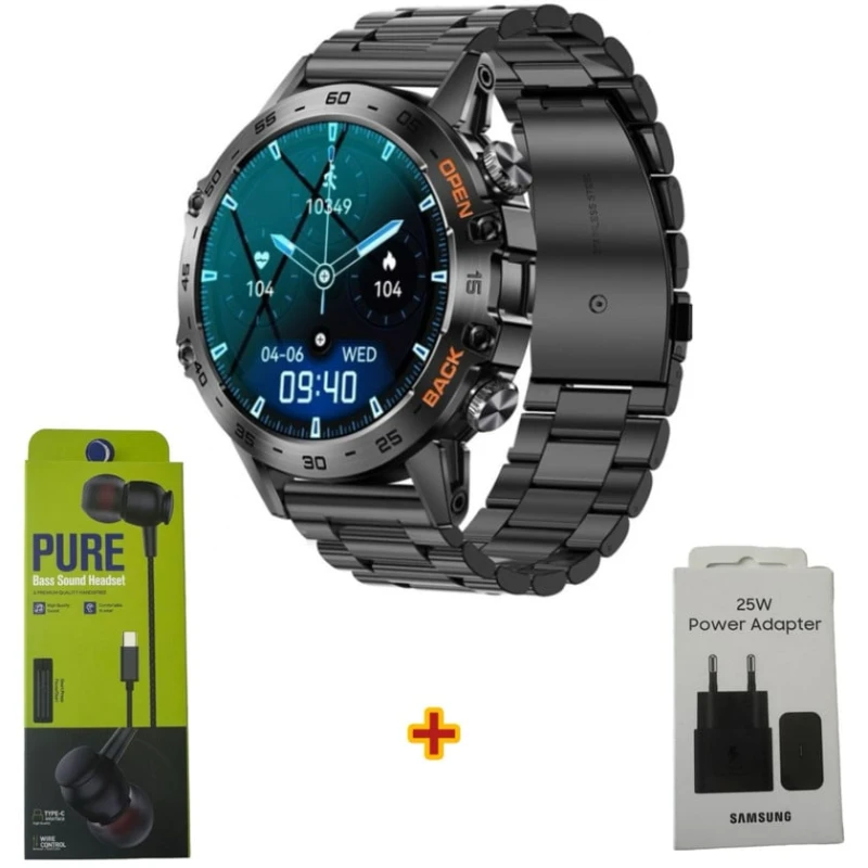 Умные часы Lemfo K52 Black Steel + Подарок Проводные наушники Strap Pure + Сетевое зарядное устройство Samsung 25W
