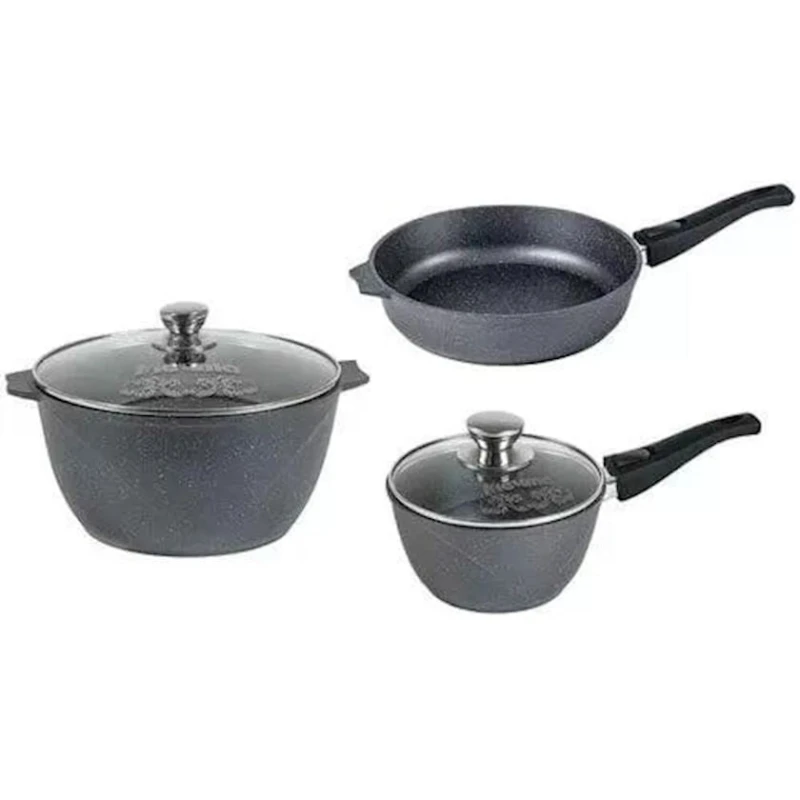 Набор посуды Мечта Гранит Star 001803, 3 шт, ковш 1.7 л, кастрюля 5 л, сковорода 26 см, алюминий, с крышкой, черный Набор посуды Мечта Гранит Star 001803, 3 шт, ковш 1.7 л, кастрюля 5 л, сковорода 26 см, алюминий, с крышкой, черный
