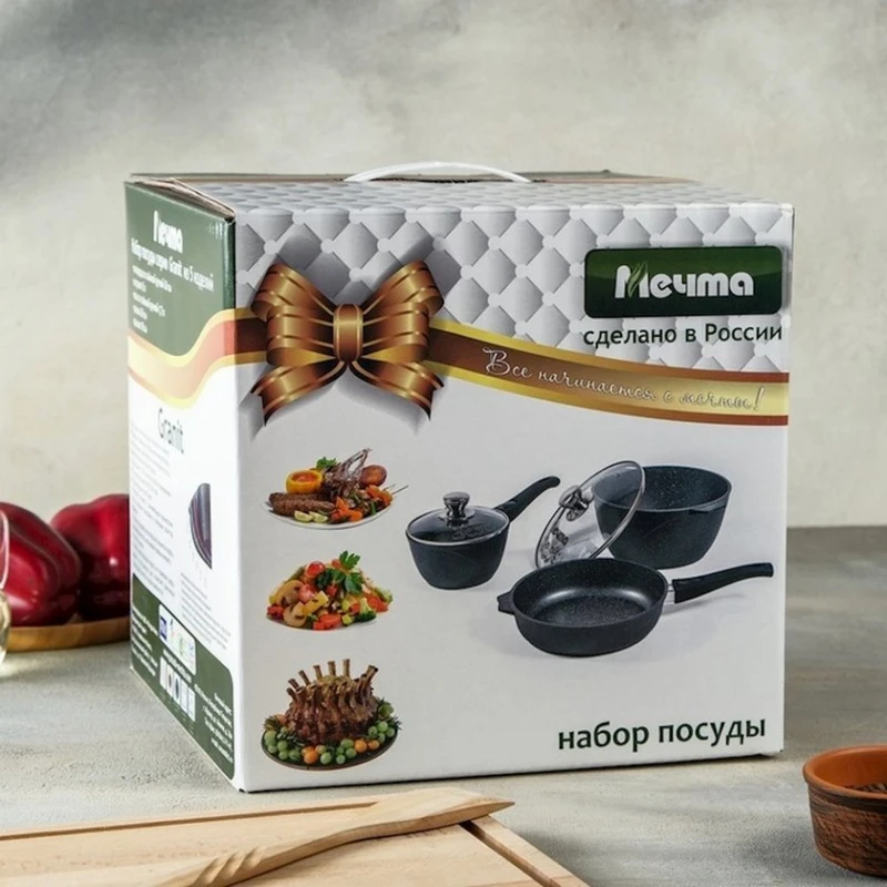 Набор посуды Мечта Гранит Star 001803, 3 шт, ковш 1.7 л, кастрюля 5 л, сковорода 26 см, алюминий, с крышкой, черный Набор посуды Мечта Гранит Star 001803, 3 шт, ковш 1.7 л, кастрюля 5 л, сковорода 26 см, алюминий, с крышкой, черный