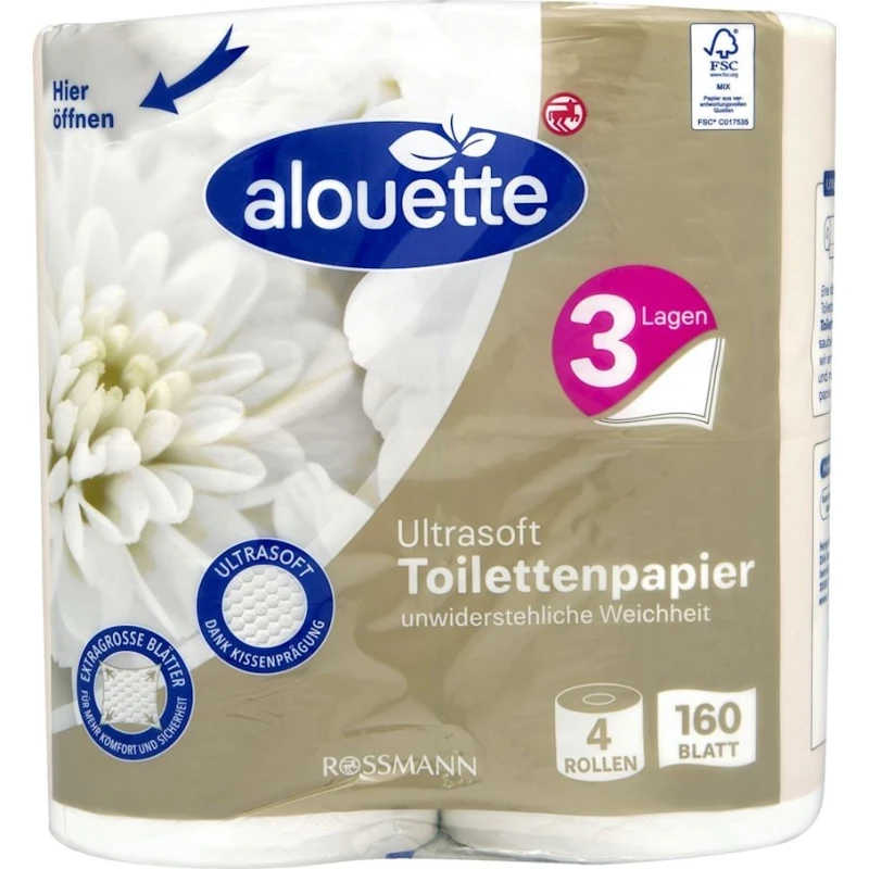 Туалетная бумага Alouette Ultrasoft 3-х слойная, 4 рулонов, белая