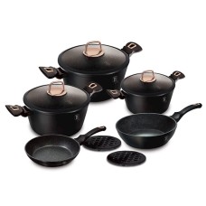Qazan və tava dəsti Berlinger Haus Black Rose Collection BH-8168, 10 parça, alüminium, üçqatlı yapışmayan mərmər örtük, qara