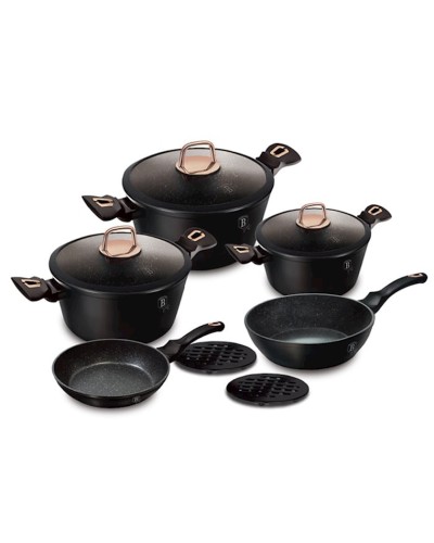 Qazan və tava dəsti Berlinger Haus Black Rose Collection BH-8168, 10 parça, alüminium, üçqatlı yapışmayan mərmər örtük, qara