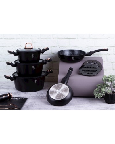 Qazan və tava dəsti Berlinger Haus Black Rose Collection BH-8168, 10 parça, alüminium, üçqatlı yapışmayan mərmər örtük, qara