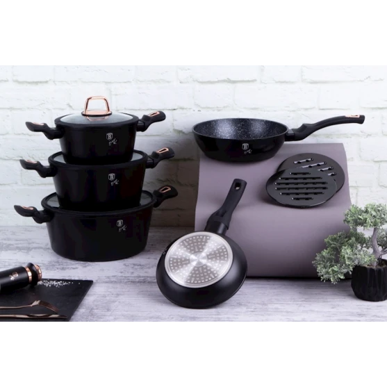 Набор кастрюль и сковородок Berlinger Haus Black Rose Collection BH-8168, 10 предметов, алюминий, трехслойное антипригарное мраморное покрытие, черный