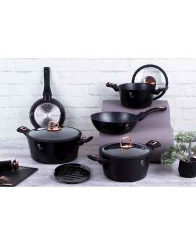 Qazan və tava dəsti Berlinger Haus Black Rose Collection BH-8168, 10 parça, alüminium, üçqatlı yapışmayan mərmər örtük, qara