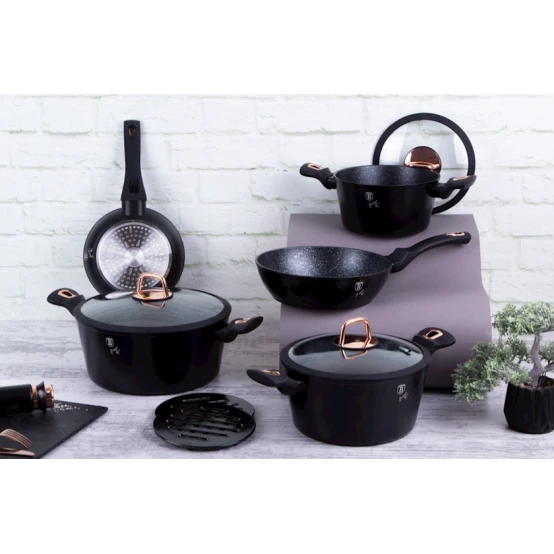Набор кастрюль и сковородок Berlinger Haus Black Rose Collection BH-8168, 10 предметов, алюминий, трехслойное антипригарное мраморное покрытие, черный
