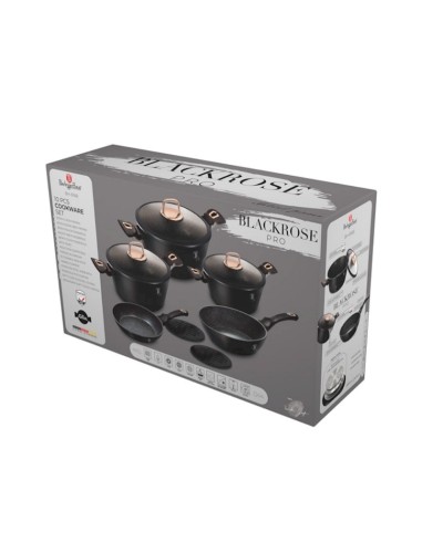 Qazan və tava dəsti Berlinger Haus Black Rose Collection BH-8168, 10 parça, alüminium, üçqatlı yapışmayan mərmər örtük, qara