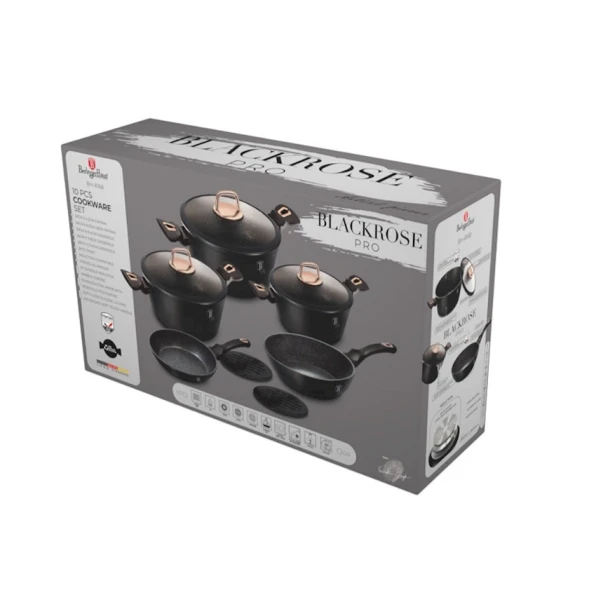 Набор кастрюль и сковородок Berlinger Haus Black Rose Collection BH-8168, 10 предметов, алюминий, трехслойное антипригарное мраморное покрытие, черный