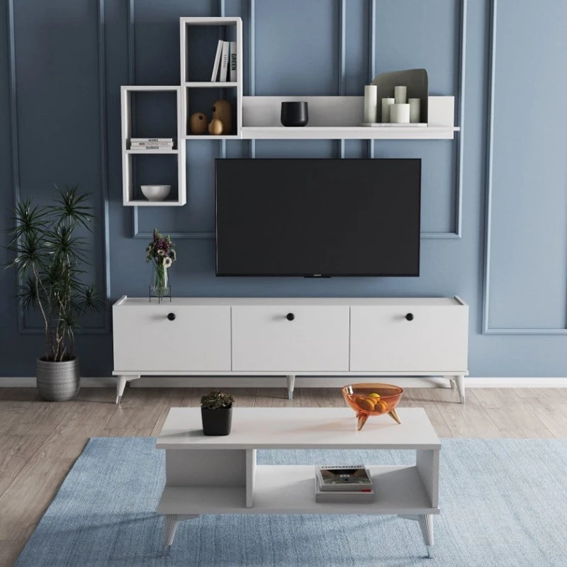 Тумба под ТВ и журнальный стол Ev Plus 12115842, ЛДСП, белый, 180x45x36/90x60x45 см Тумба под ТВ и журнальный стол Ev Plus 12115842, ЛДСП, белый, 180x45x36/90x60x45 см