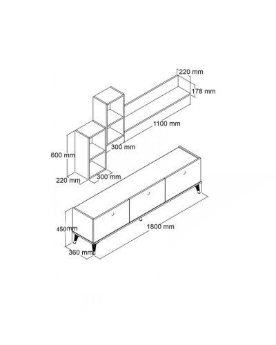 TV üçün tumba və jurnal masası Ev Plus 12115842, LDSP, ağ, 180x45x36/90x60x45 sm