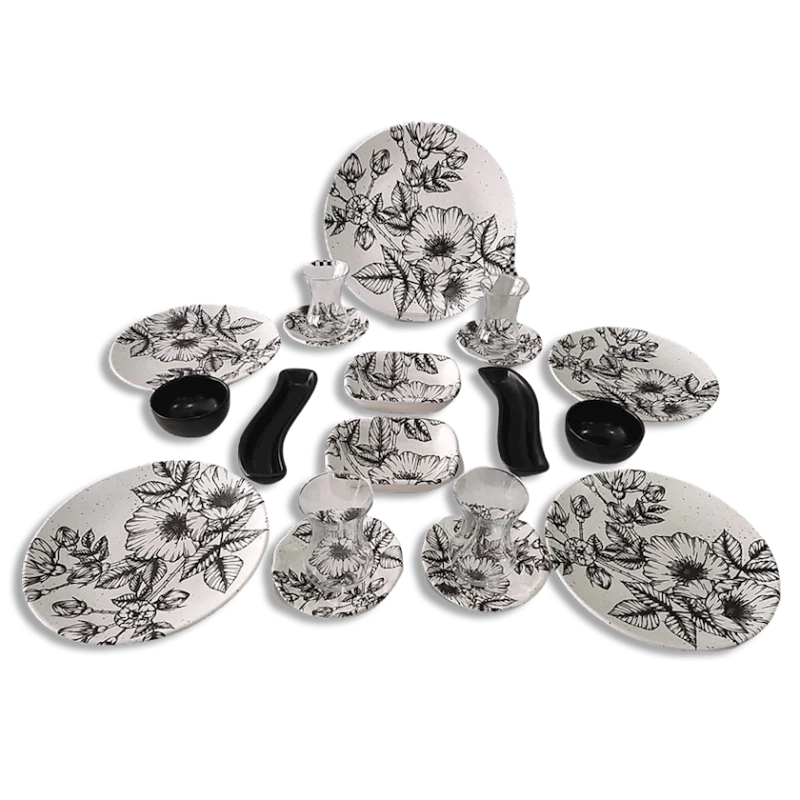 Səhər yeməyi dəsti Keramika Patterned Flowers, 4 nəfərlik, 19 əşya, ağ/qara Səhər yeməyi dəsti Keramika Patterned Flowers, 4 nəfərlik, 19 əşya, ağ/qara