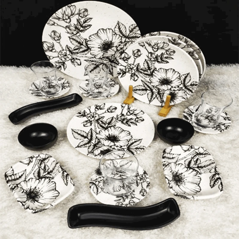 Səhər yeməyi dəsti Keramika Patterned Flowers, 4 nəfərlik, 19 əşya, ağ/qara Səhər yeməyi dəsti Keramika Patterned Flowers, 4 nəfərlik, 19 əşya, ağ/qara