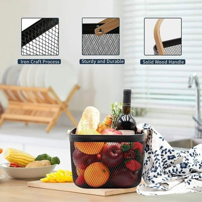 Корзина для хранения NH_15Z, нержавеющая сталь/дерево, черная, 25х25х18 см