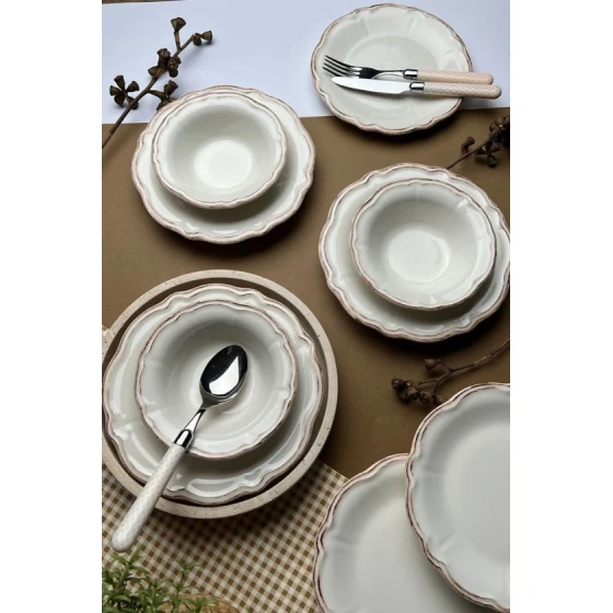 Yemək dəsti Stoneware Antik, 24 parça, 6 nəfərlik, keramika, bej