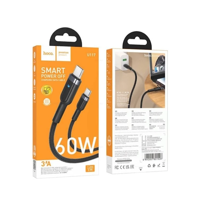 Кабель USB Hoco U117 Grand Type-C to Type-C 1.2 м, PD 60W, Черный